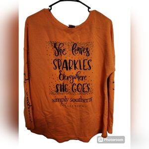 Simply Southern She Leaves Sparkles Everywhere Coral Long Sleeve Sweatshirt M